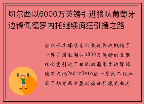 切尔西以6000万英镑引进狼队葡萄牙边锋佩德罗内托继续疯狂引援之路 切尔西以6000万英镑引进狼队葡萄牙边锋佩德罗内托继续疯狂引援之路